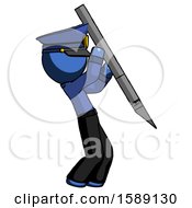 Poster, Art Print Of Blue Police Man Stabbing Or Cutting With Scalpel