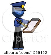 Blue Police Man Using Clipboard And Pencil