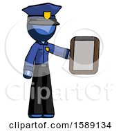 Blue Police Man Showing Clipboard To Viewer