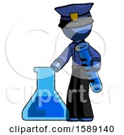 Blue Police Man Holding Test Tube Beside Beaker Or Flask