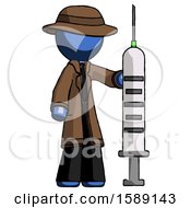 Blue Detective Man Holding Large Syringe