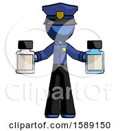 Poster, Art Print Of Blue Police Man Holding Two Medicine Bottles