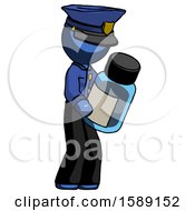 Blue Police Man Holding Glass Medicine Bottle