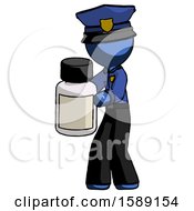 Blue Police Man Holding White Medicine Bottle