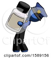 Blue Police Man Holding Large White Medicine Bottle
