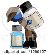 Blue Detective Man Holding Large White Medicine Bottle With Bottle In Background