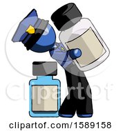 Poster, Art Print Of Blue Police Man Holding Large White Medicine Bottle With Bottle In Background