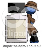 Blue Detective Man Leaning Against Large Medicine Bottle