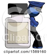 Blue Police Man Leaning Against Large Medicine Bottle