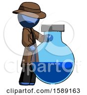 Poster, Art Print Of Blue Detective Man Standing Beside Large Round Flask Or Beaker