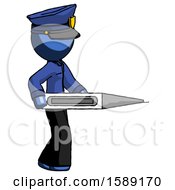 Blue Police Man Walking With Large Thermometer