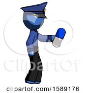 Poster, Art Print Of Blue Police Man Holding Blue Pill Walking To Right