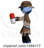 Blue Detective Man Holding Red Pill Walking To Left