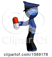 Poster, Art Print Of Blue Police Man Holding Red Pill Walking To Left