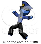 Poster, Art Print Of Blue Police Man Running Away In Hysterical Panic Direction Left