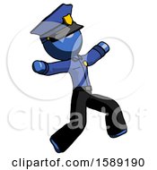 Poster, Art Print Of Blue Police Man Running Away In Hysterical Panic Direction Right