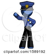 Blue Police Man Waving Right Arm With Hand On Hip