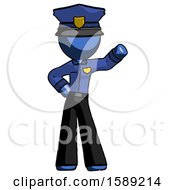 Blue Police Man Waving Left Arm With Hand On Hip
