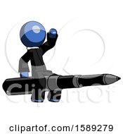 Blue Clergy Man Riding A Pen Like A Giant Rocket