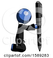 Blue Clergy Man Posing With Giant Pen In Powerful Yet Awkward Manner