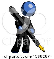 Blue Clergy Man Drawing Or Writing With Large Calligraphy Pen