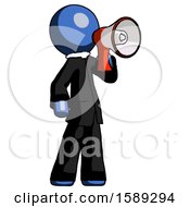 Poster, Art Print Of Blue Clergy Man Shouting Into Megaphone Bullhorn Facing Right