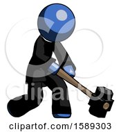 Poster, Art Print Of Blue Clergy Man Hitting With Sledgehammer Or Smashing Something At Angle