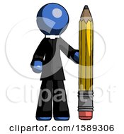 Poster, Art Print Of Blue Clergy Man With Large Pencil Standing Ready To Write