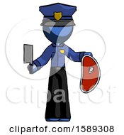 Poster, Art Print Of Blue Police Man Holding Large Steak With Butcher Knife