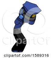 Poster, Art Print Of Blue Police Man With Headache Or Covering Ears Turned To His Right