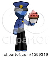 Blue Police Man Presenting Pink Cupcake To Viewer