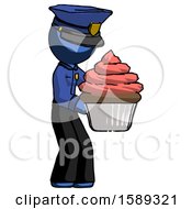 Poster, Art Print Of Blue Police Man Holding Large Cupcake Ready To Eat Or Serve