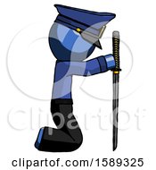 Poster, Art Print Of Blue Police Man Kneeling With Ninja Sword Katana Showing Respect