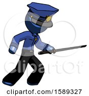 Poster, Art Print Of Blue Police Man Stabbing With Ninja Sword Katana