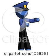 Blue Police Man Presenting Something To His Left