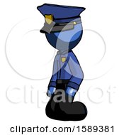 Blue Police Man Kneeling Angle View Left