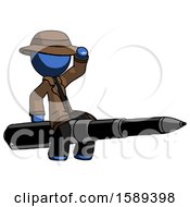Blue Detective Man Riding A Pen Like A Giant Rocket