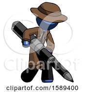 Poster, Art Print Of Blue Detective Man Writing With A Really Big Pen