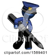 Poster, Art Print Of Blue Police Man Writing With A Really Big Pen