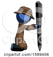 Blue Detective Man Posing With Giant Pen In Powerful Yet Awkward Manner