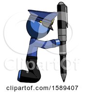 Blue Police Man Posing With Giant Pen In Powerful Yet Awkward Manner