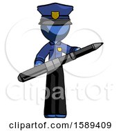 Poster, Art Print Of Blue Police Man Posing Confidently With Giant Pen