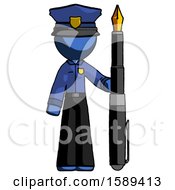 Blue Police Man Holding Giant Calligraphy Pen