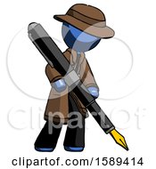 Blue Detective Man Drawing Or Writing With Large Calligraphy Pen