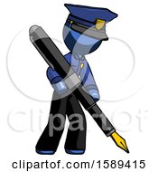 Blue Police Man Drawing Or Writing With Large Calligraphy Pen