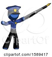 Poster, Art Print Of Blue Police Man Pen Is Mightier Than The Sword Calligraphy Pose