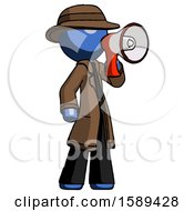 Poster, Art Print Of Blue Detective Man Shouting Into Megaphone Bullhorn Facing Right
