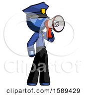 Poster, Art Print Of Blue Police Man Shouting Into Megaphone Bullhorn Facing Right