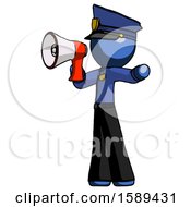 Blue Police Man Shouting Into Megaphone Bullhorn Facing Left