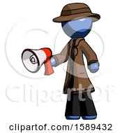 Poster, Art Print Of Blue Detective Man Holding Megaphone Bullhorn Facing Right